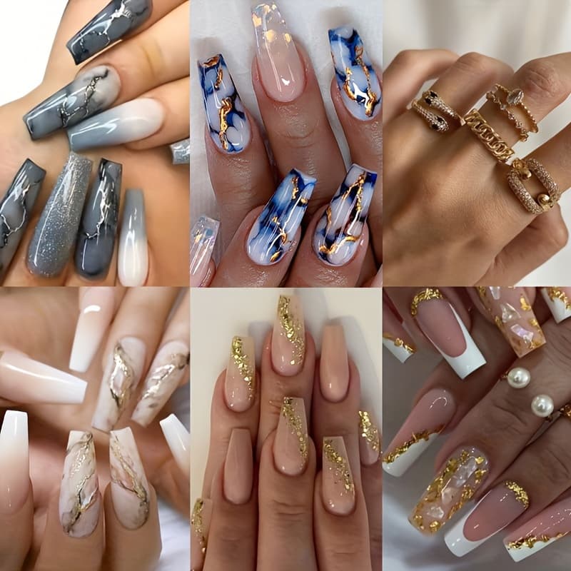 TEMU 120pcs Nude Press On Nails Coffin Long Fake Nails + 5pcs Rings Acrylic Gradient Sequins False Nails Marble Full Cover Stick On Nails For Women And
