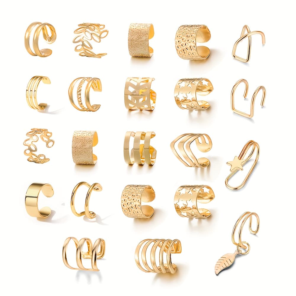TEMU 22pcs Set: Minimalist Hip-hop Charm Hollow-out Women's Fashion Clip-on Earrings, Non-piercing Cartilage Clip Earring Set For Daily And Party Accessories