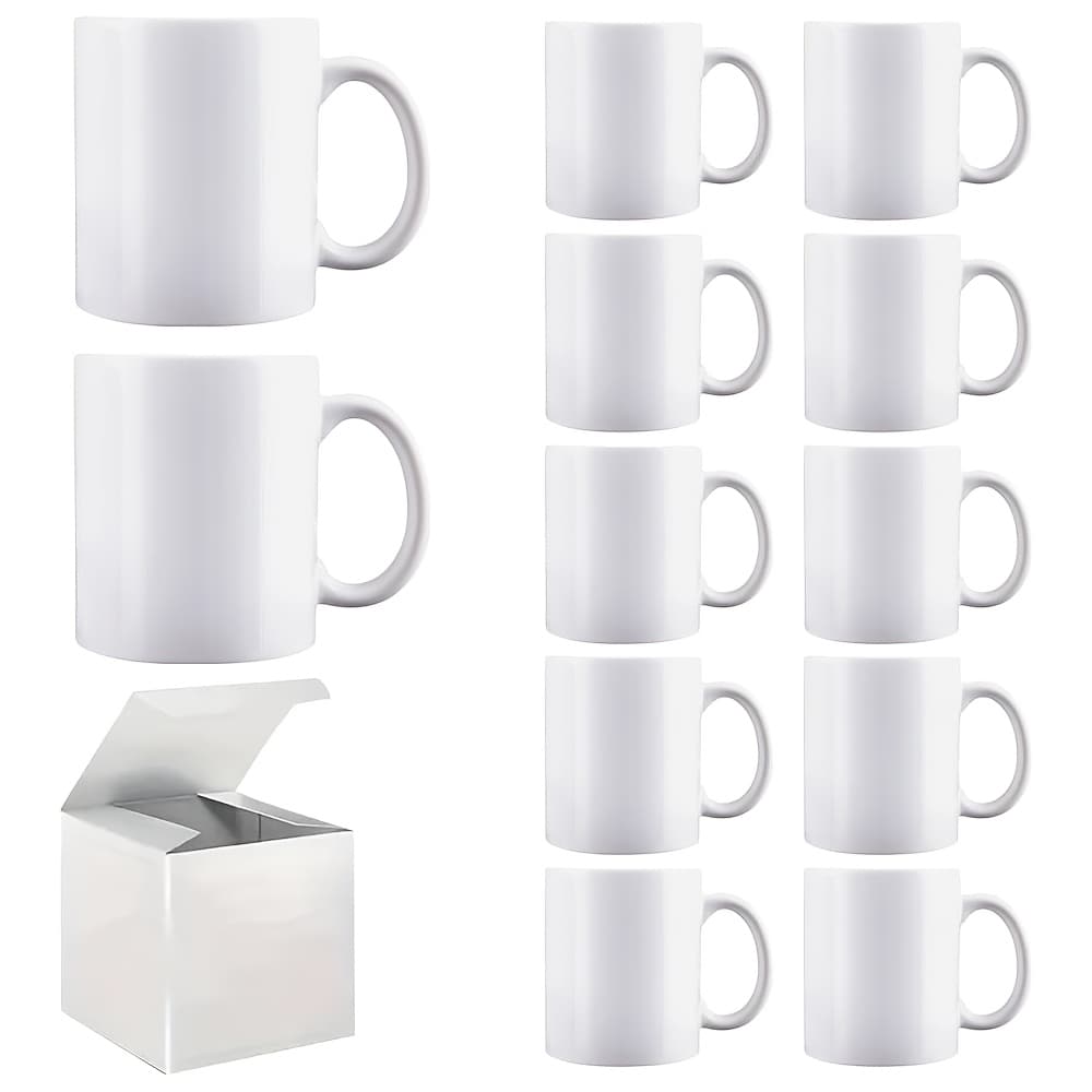 TEMU Kocdam 12pcs 11oz Sublimation Mugs Mugs Juice Cups With Handle Kitchen Use Sublimation Blanks Ceramic Cups Individual Packaging White Cups Gifts, For Outdoor, Camping, Office, Reading