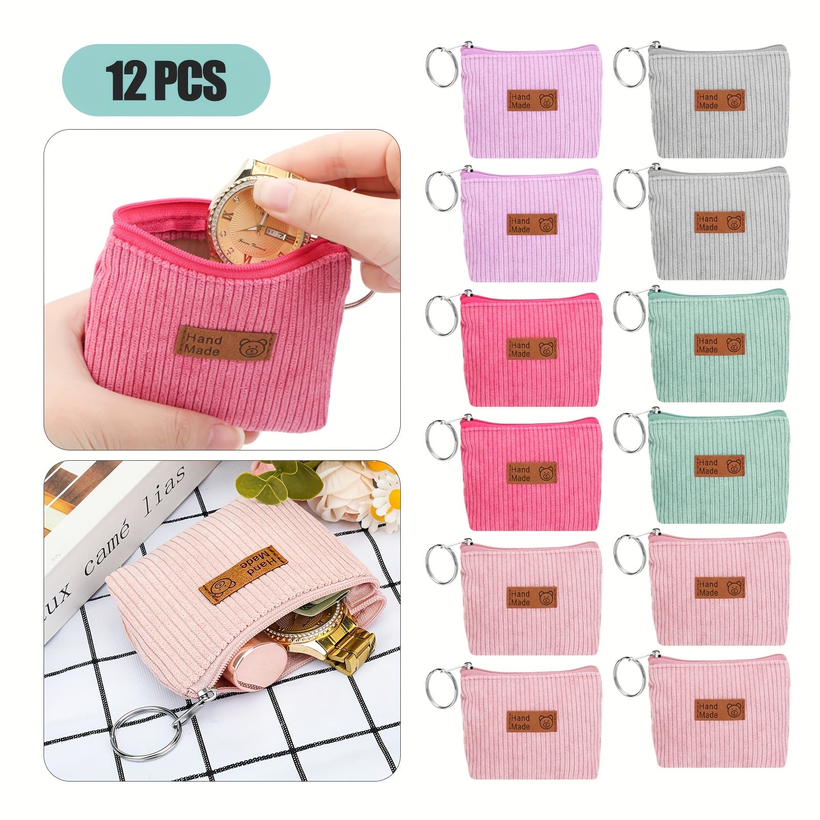 TEMU 12pcs Women Corduroy Coin Purses With Keychains, Soft Striped Wallets, Durable Zipper Closure, Perfect For Christmas, Valentine's, Easter Gifts