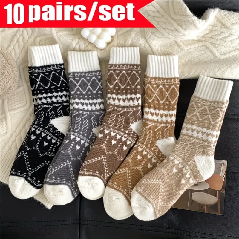 TEMU 10 Pairs Random Color Women's Thermal Winter Socks - Ethnic Rhombus Pattern Mid-calf Warm Socks For Outdoor Cold Weather, Fabric With Options, Fluffy Socks, Cold Weather Gear