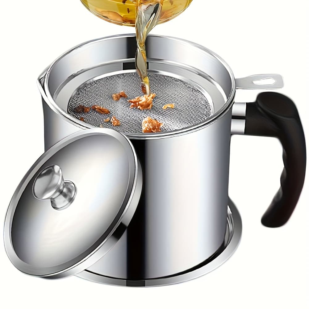TEMU Stainless Steel Kitchen Grease Container With Strainer - Easy-pour Handle, Ideal For Cooking Oil & Grease Storage, Essential Kitchen Accessory, Grease Can For Kitchen