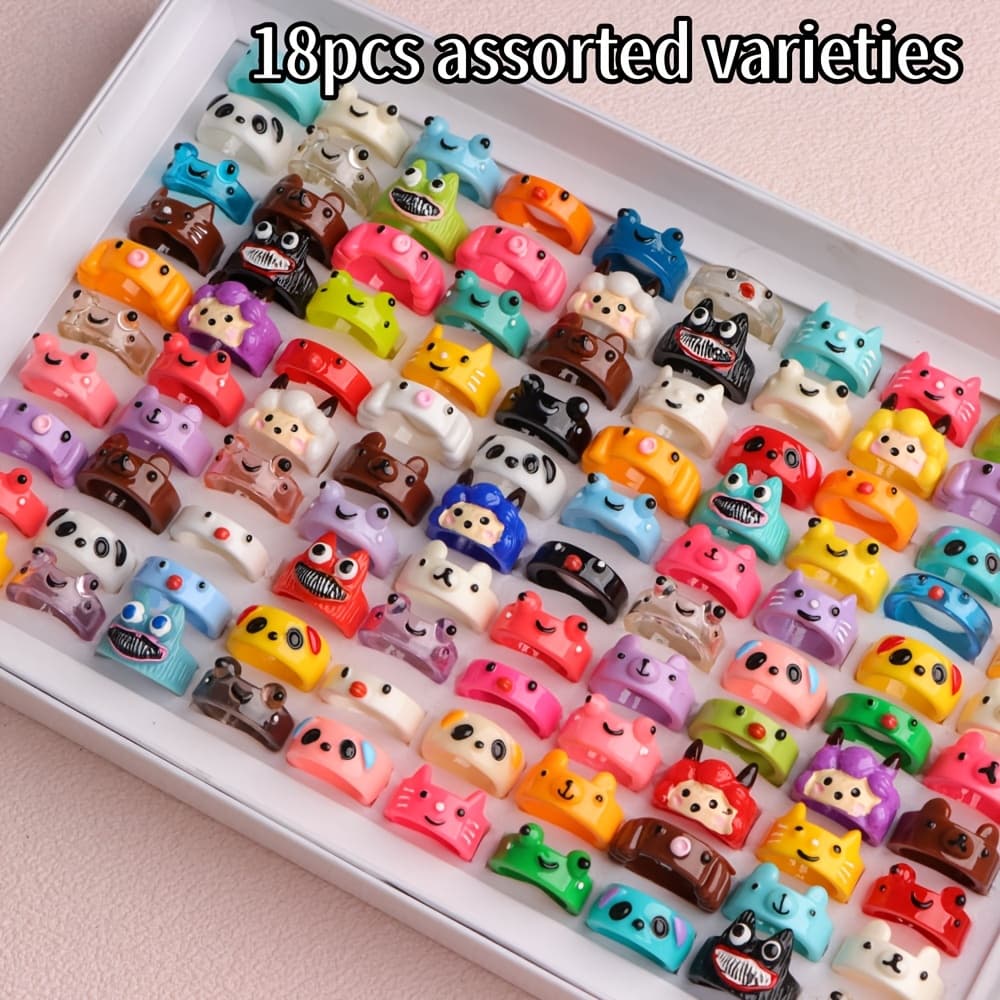 TEMU 18pcs Fashionable, Sweet And Cute Animal Colored Resin Rings, Easy Y2k Lamb Frog Demon Ring Set, Gift For , Party Gifts, Opp Bags,