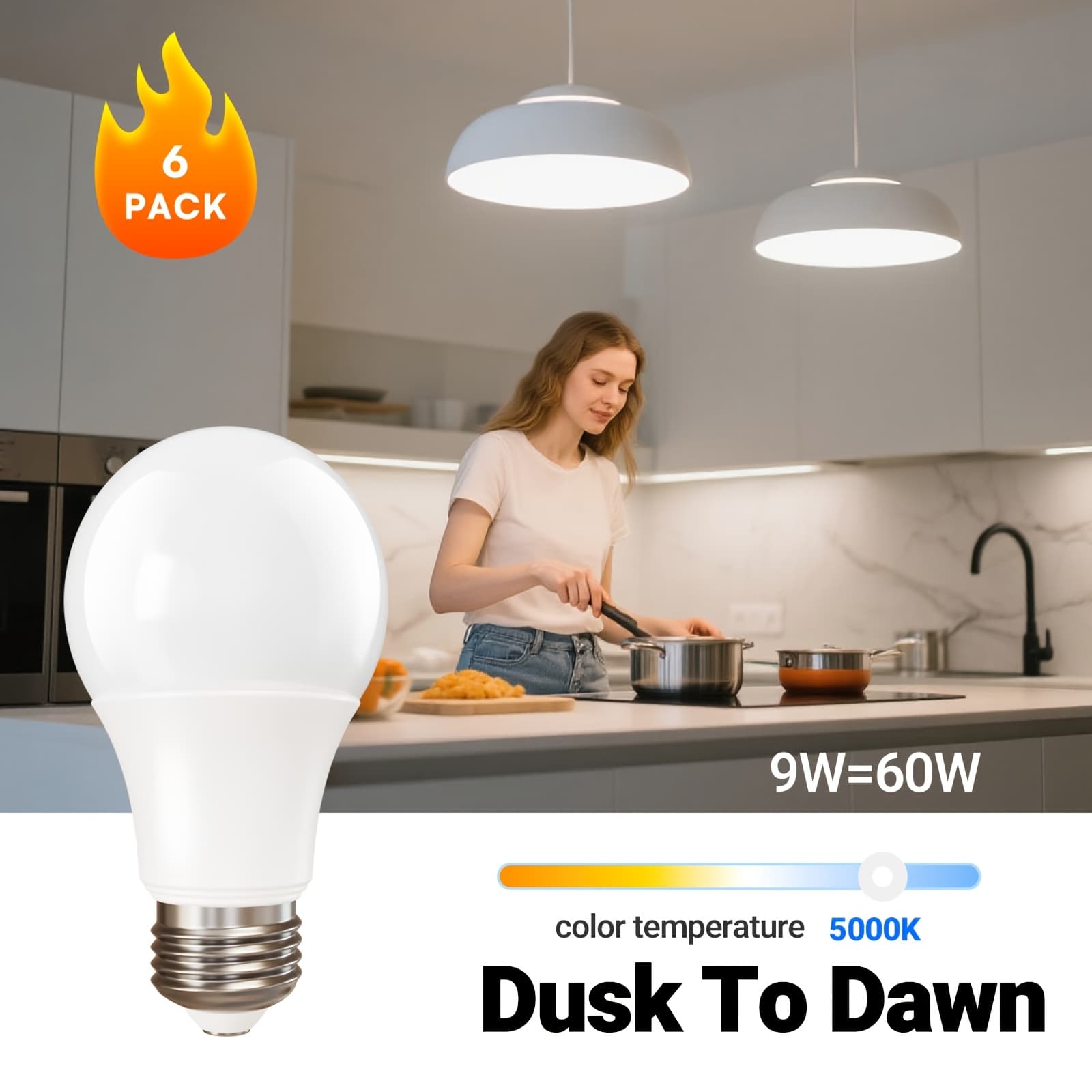 TEMU 12/6pack Dusk To Dawn Bulb, Light Sensor Led Bulb, Automatic Photovoltaic Cell Bulb, 60w Equivalent, 9w, 5000k/2700k, E26 Base.