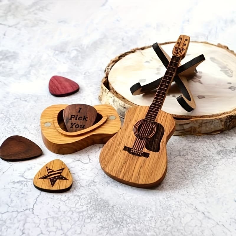 TEMU Engraved Guitar Gift Box, With Solid Wood Picks And A Storage Rack - A Gift Suitable For Festivals, Parties, Performances, And As Souvenirs. For Music Lovers, And An For Annivers