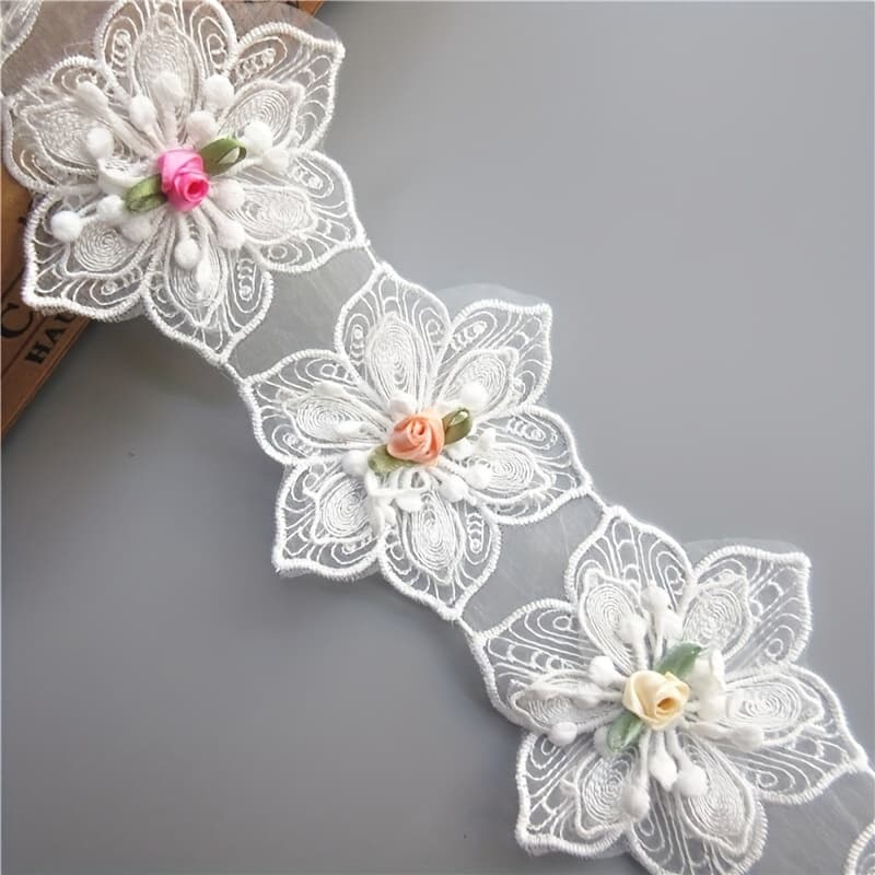 TEMU 10pcs White 3d Hexagonal Flower Embroidered Lace Trim, 8cm Wide Polyester Ribbon For Sewing And Crafts