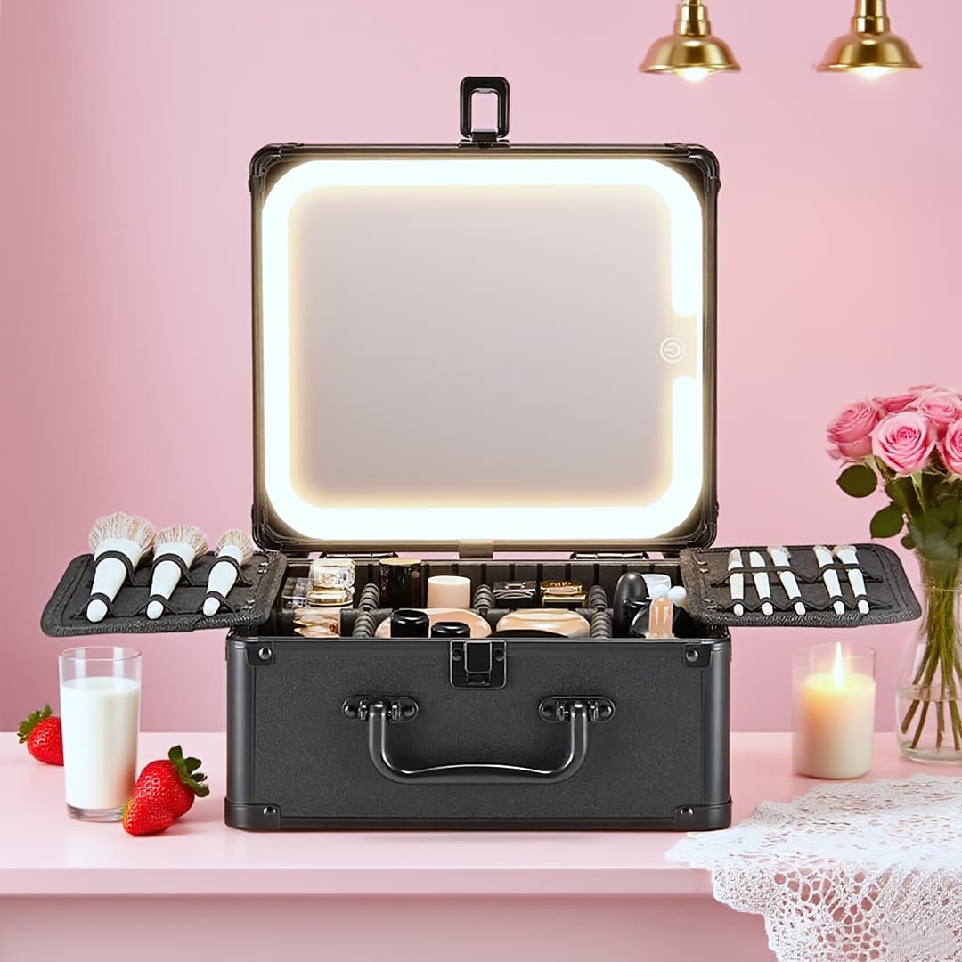 TEMU Lighted Makeup Travel Bag For New Year Gift, Portable Makeup Organizer With Magnetic Detachable Led Mirror, Makeup Bag With Brushes Holders, Makeup Train Case With Adjustable Dividers
