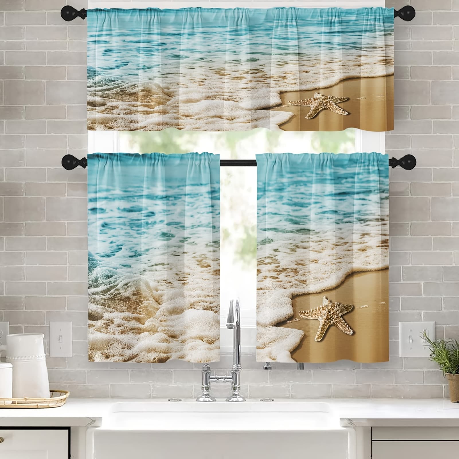 TEMU 3pcs 36 Inch Kitchen Curtains Tropical Beach Window Curtains And Valances Set Of 3, Starfish And Short Tier Curtain, Vintage Small Kitchen Decor