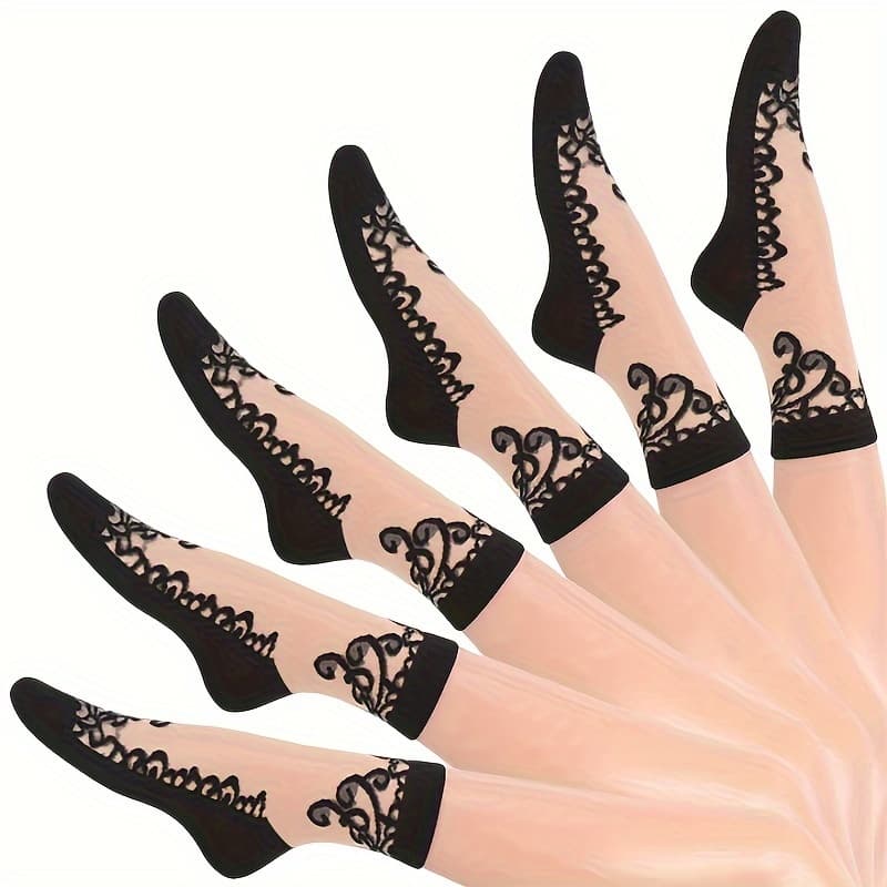 TEMU 6 Pairs Of Summer Thin Black Lace Crystal Stockings Glass Women's Socks Mid-tube Socks