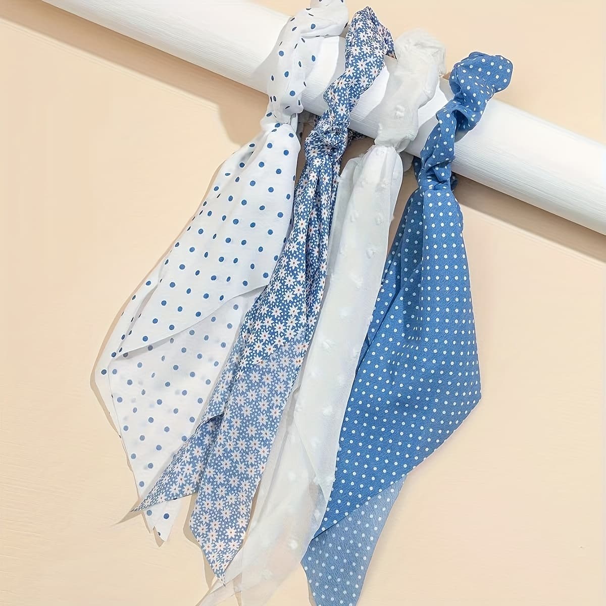 TEMU 4pcs Fashionable Blue And White Hair Scrunchies With Ribbons, Suitable For Daily Wear