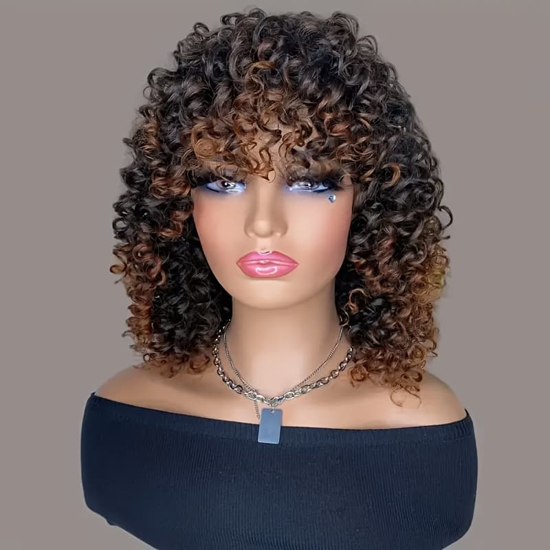 TEMU Glueless Deep Wave Bob Wig Hair Suitable For All & - Natural Black 14 Inch Short Curly Wigs With Bangs, Density Japanese-korean For, Elastic For & Daily Wear