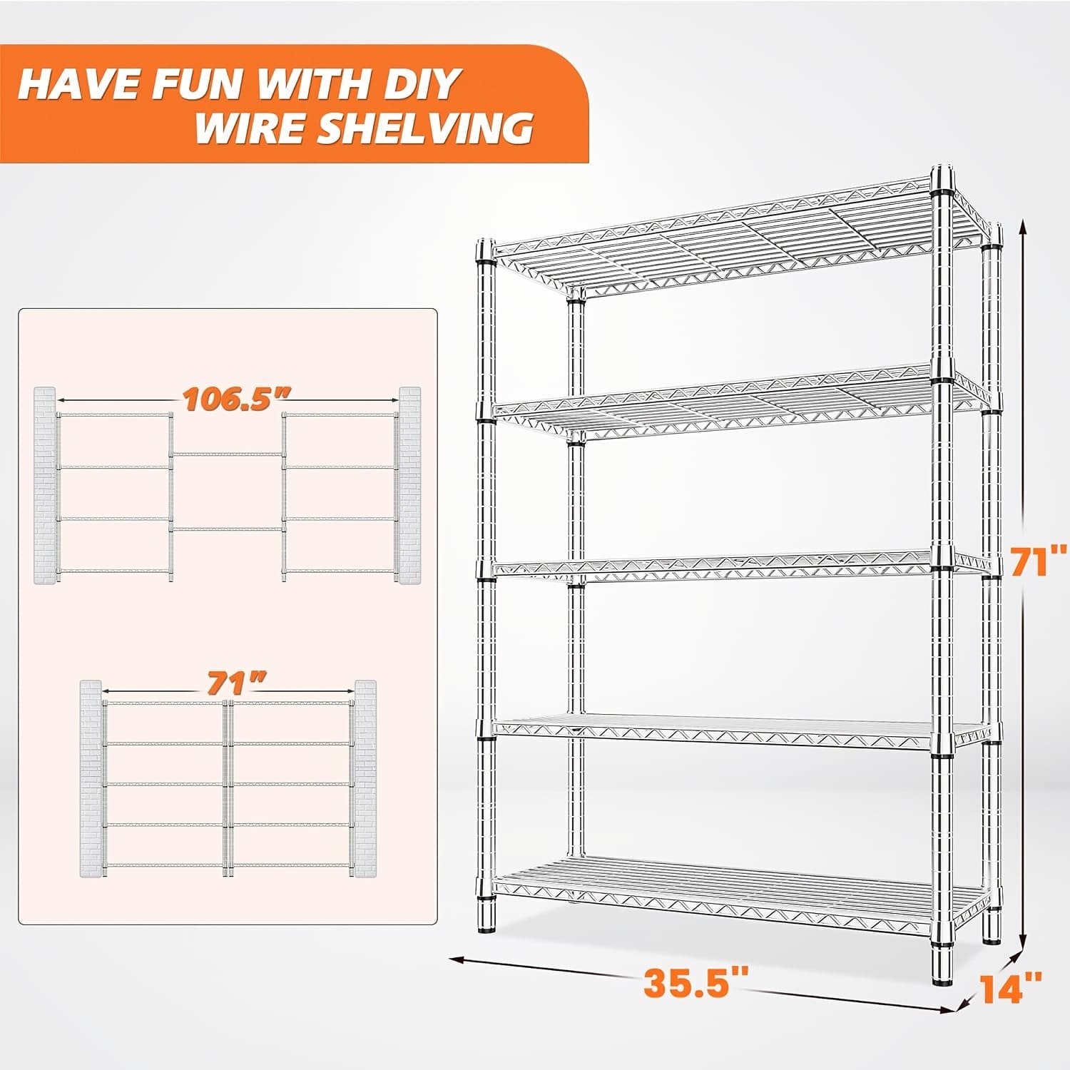 TEMU Reibii 5-tier Wire Shelving - Heavy Duty Metal Shelves For Up To 1200lbs, Adjustable Garage & Pantry Storage, 71h X 35.5w X 14d, Chrome, Standing Shelf