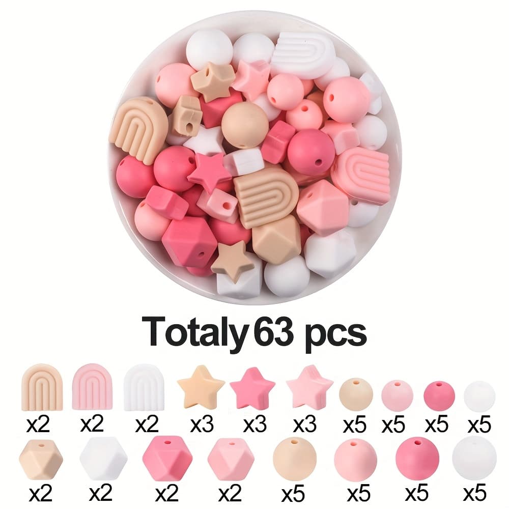 TEMU 63pcs Vibrant Pink Silicone Beads Mix - Star, Arch, Circle & Hexagon /spacer Beads For Making Kit, Keychain, Lanyard Craft Supplies (gift Set)