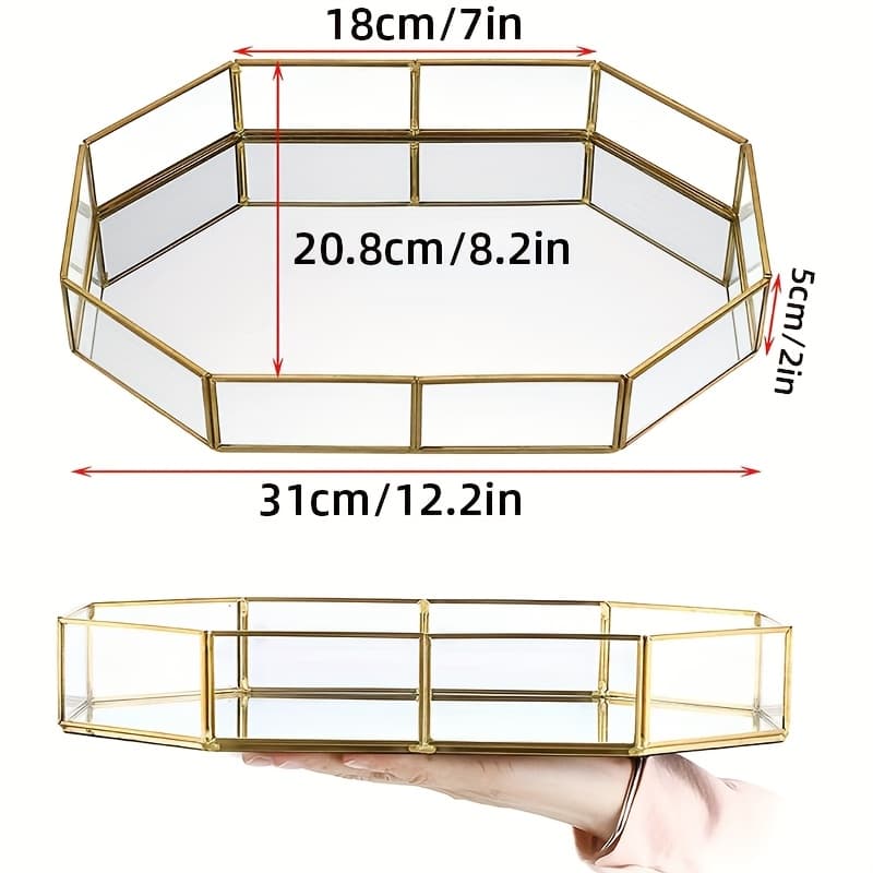 TEMU Mirror Glass Vanity Tray - Golden Ornate Makeup Vintage Octagonal Perfume Dresser Jewelry Trinket Organizer For Bathroom Storage Home Decor, Non-food Contact