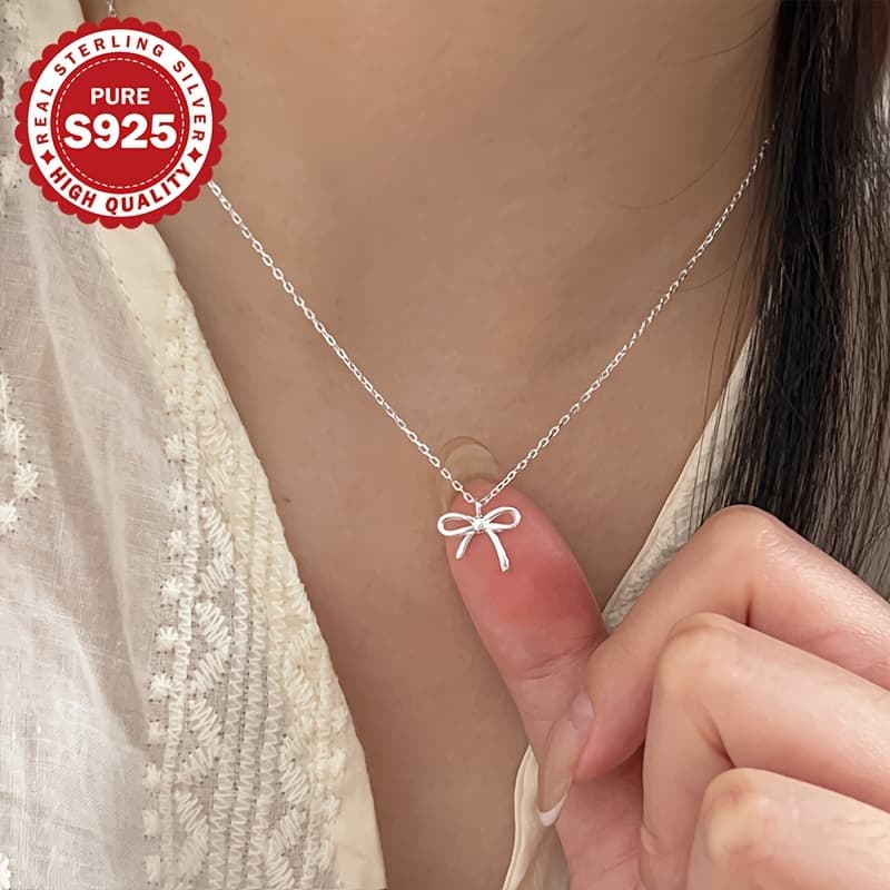 TEMU 925 Pure Silvery Bow Necklace, Cute And , Ideal Gift For , Daily Jewelry, Christmas, Holiday Gifts