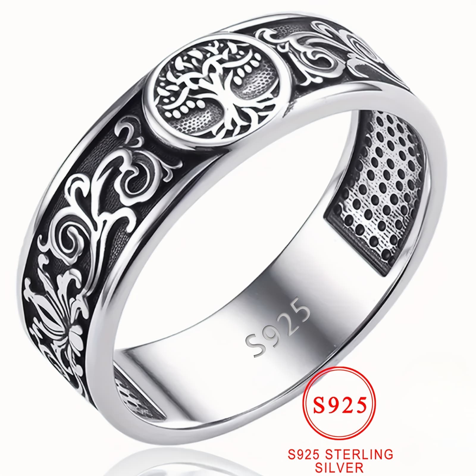 TEMU 1pc S925 Sterling Silvery Tree Of Life Ring Women's Vintage Flower Carving Classic Ring Jewelry Daily Wear Holiday Gift