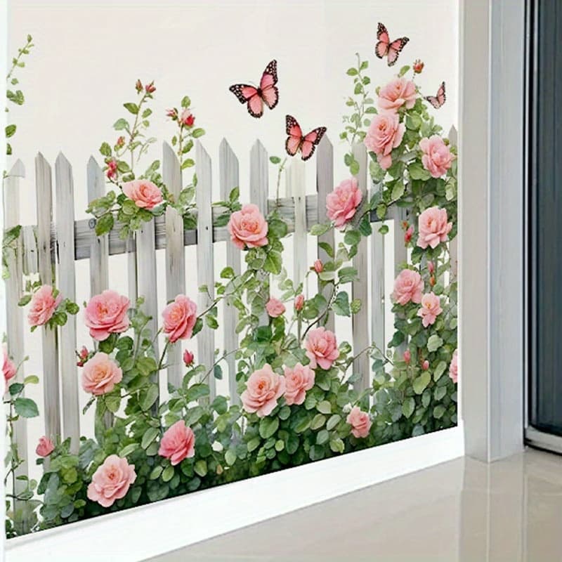 TEMU Aesthetic Pink Floral Fence Sticker, Decorating Living Room Kitchen Dining Room Bedroom Self-adhesive Painting, Removable Pvc Wall Sticker