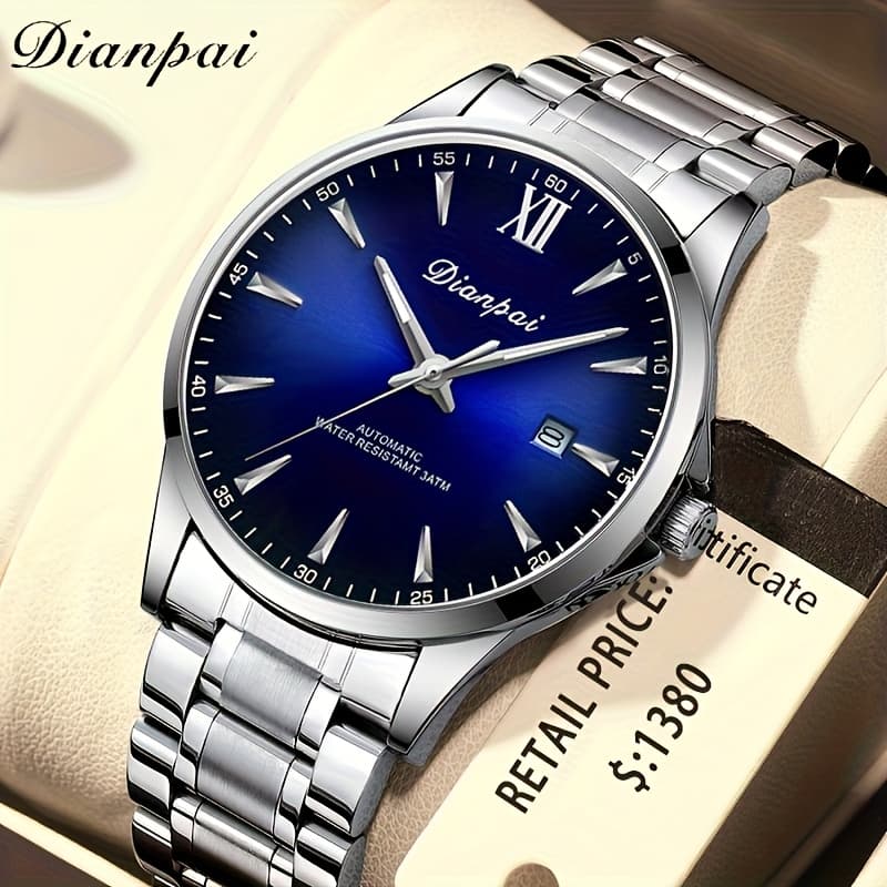TEMU Dianpai Men's Fully Automatic Mechanical Watch Stainless Steel Luxury Athleisure With Date Men's Hands Luminous Trend Men's Christmas Gifts, Without Battery
