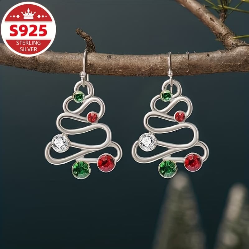 TEMU S925 Sterling Silvery Hollowed Out Christmas Tree Earrings Are Fashionable And Elegant Jewelry Made Of Synthetic Gemstones. Are For Valentine's Day And Halloween, And Stuffed As A Christmas Gift.