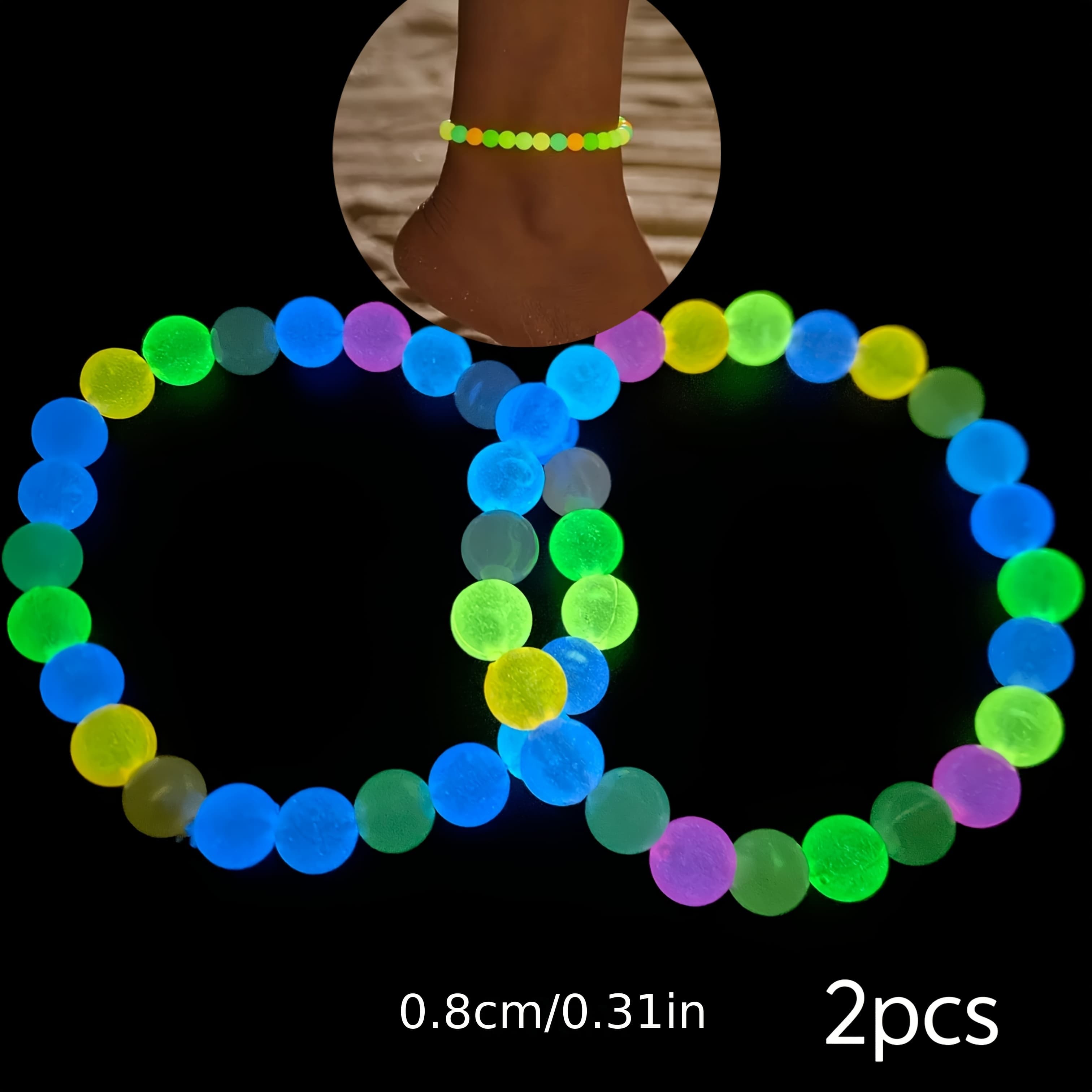 TEMU 2pcs Women's -the-dark Acrylic Bead Ankle Bracelets - Bohemian Style Multicolor Gradient Non-toxic Jewelry For Casual Attire, Valentine's Day Gifts