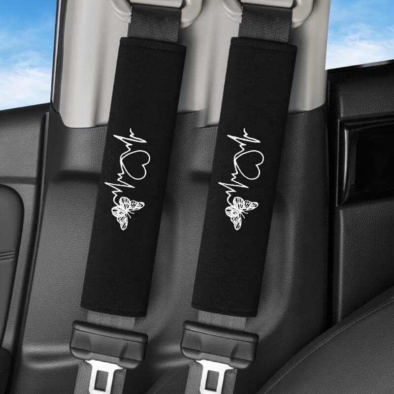 TEMU 2pcs Heart Embroidered Car Seat Belt Shoulder Pads - Comfortable And Breathable Black Car Accessories, Essential For Daily , With Stylish Design