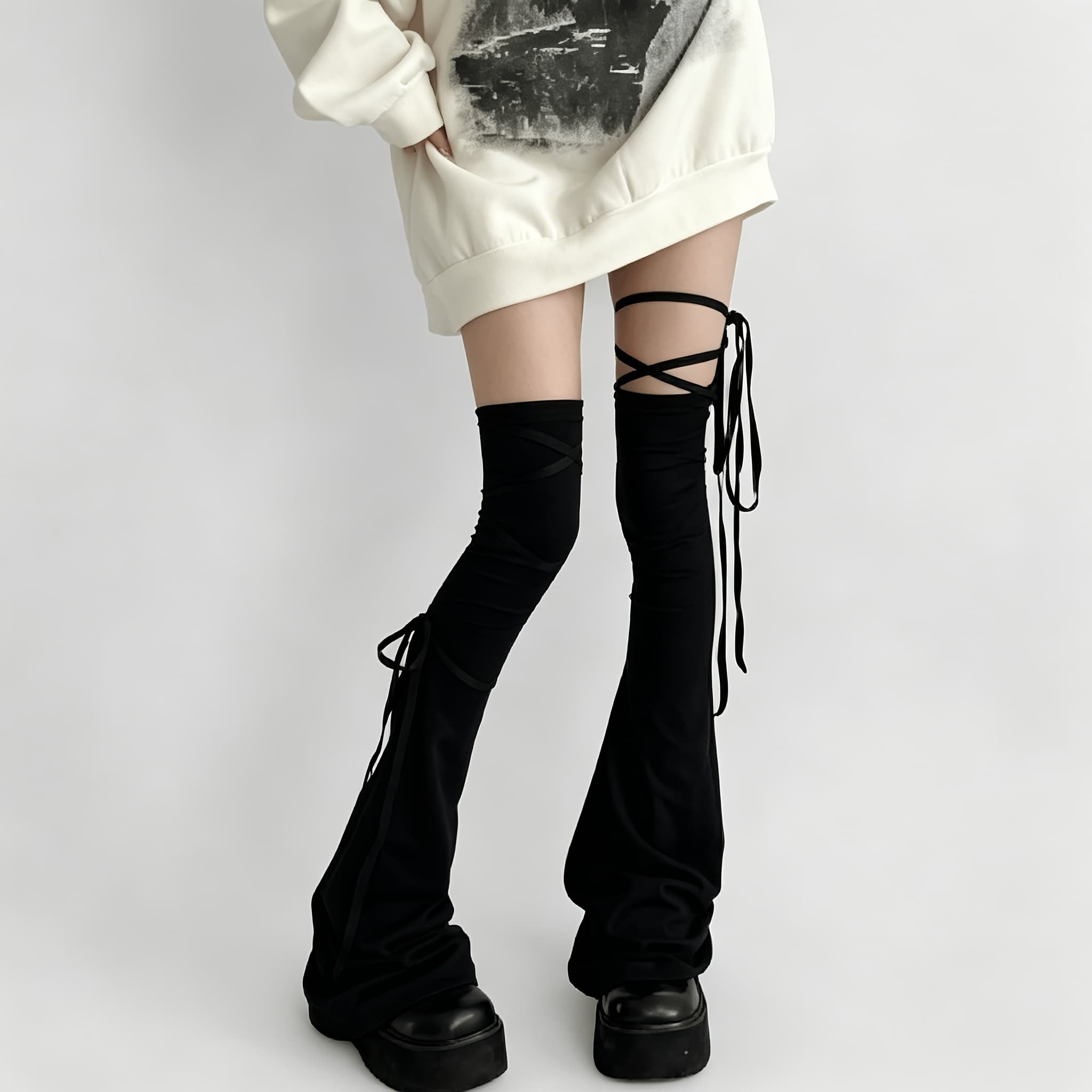 TEMU Y2k Dark Style Over-the-knee Flared Leg Strappy Tights | Spicy Gothic-inspired Design Strappy Thigh-high Stockings, Slouchy Pantyhose, Leg Warmers