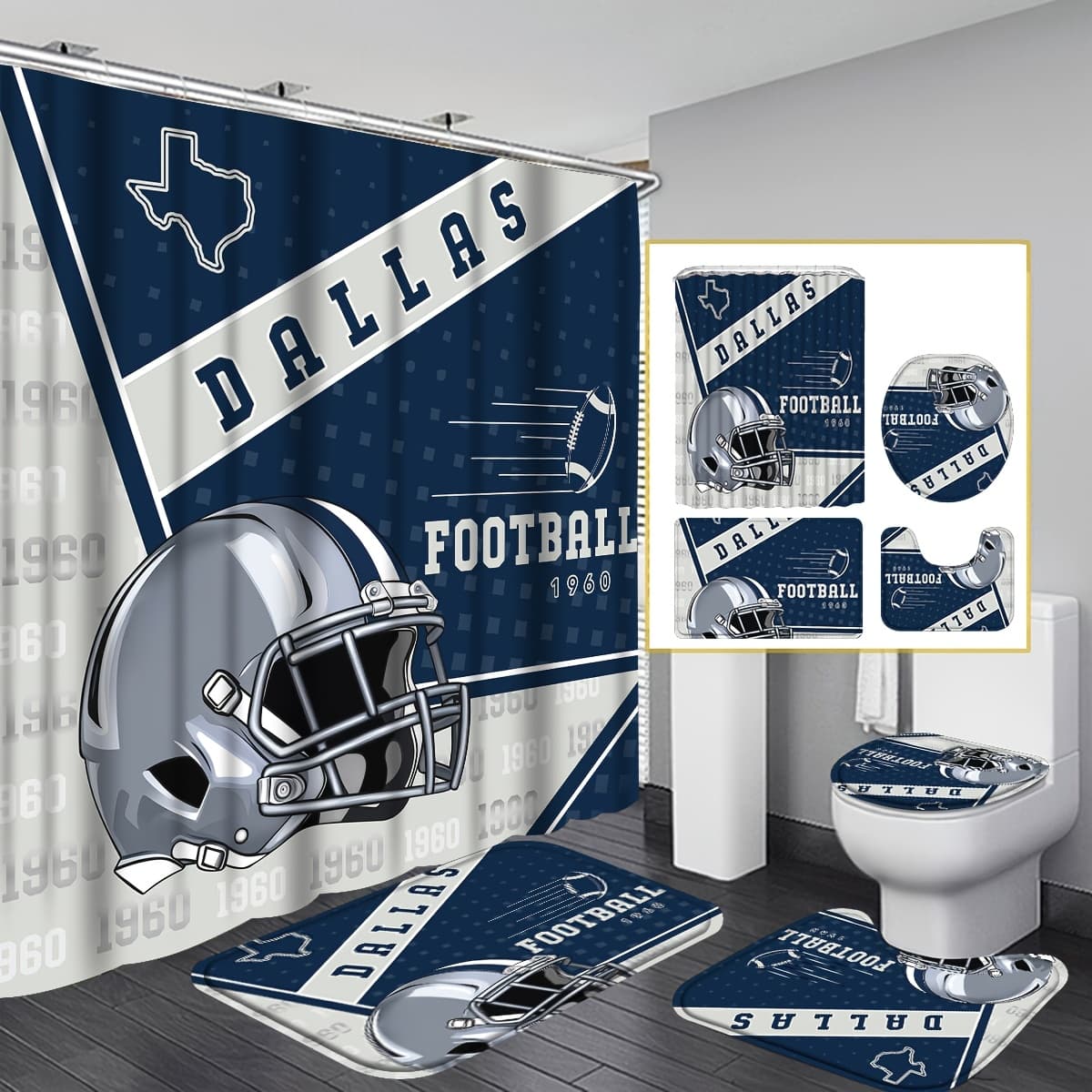 TEMU 4pcs Football Helmet Shower Curtain - Dallas Team Gift Bath Curtain- Machine Washable Bath Drape With Hooks, Football Helmet-printed Accessory For Bathroom