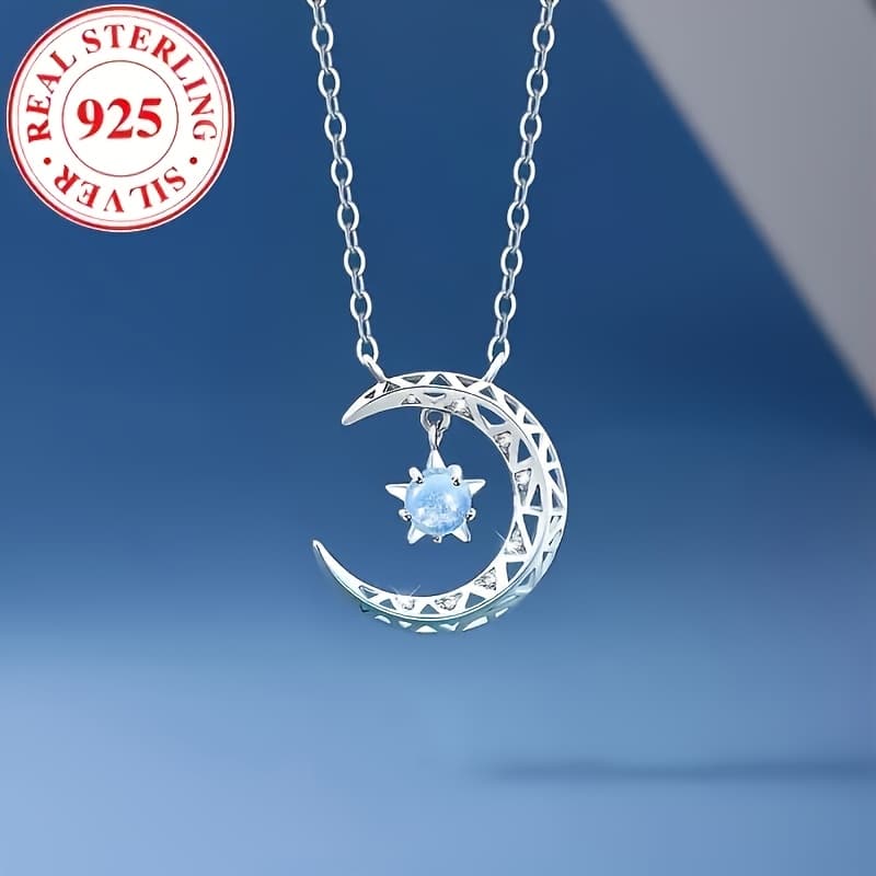 TEMU Luxurious Celestial Moon Pendant Necklace - 925 Sterling Silvery, Synthetic Zirconia, Birthstone, Hypoallergenic, Durable, Perfect Gift For Women On Daily And Special Occasions