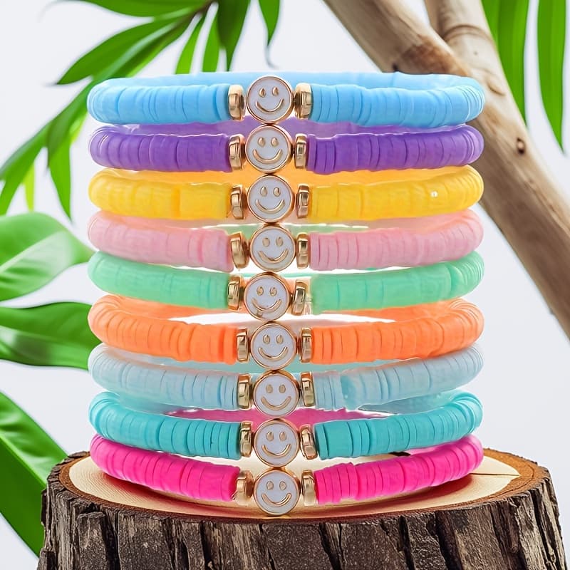 TEMU Boho Chic 9pcs Beaded Bracelet Set For Women - Multicolor Polymer Clay Charm Bracelets With Happy Face Detail For Daily Wear And Parties