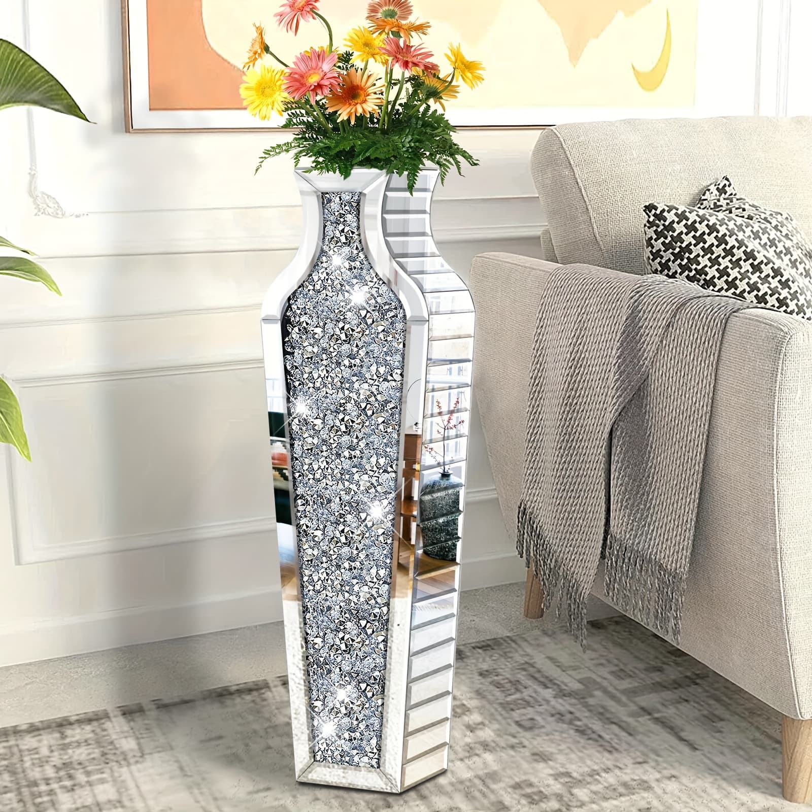 TEMU Tall Crushed Diamond Floor Vase, Silvery Large Vases For Decor Living Room, Crystal Mirrored Home Decor Vases For Dried Flowers