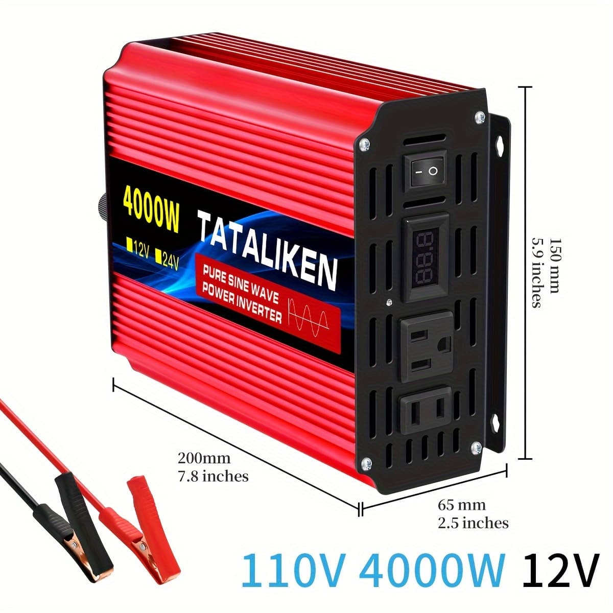 TEMU Pure Sine Inverter 4000w - Car Power Inverter 12v To Ac 110v For - Fast Charging Of Mobile Phones, Tablets, And Other Devices - With Display, Without Battery