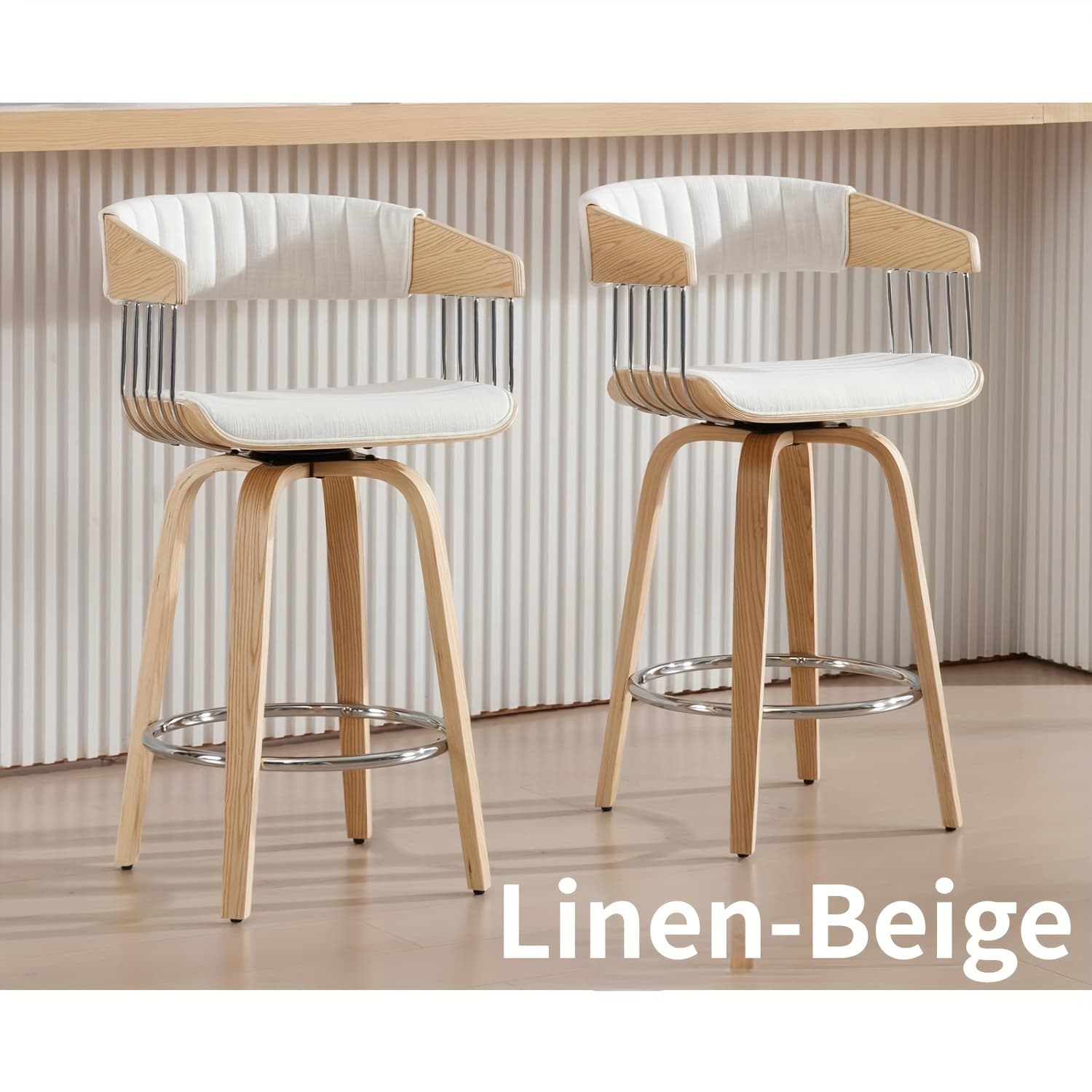 TEMU Set Of 2 Contemporary And Unique Swivel Bar Stools, Featuring Plush Cushioning, A Sturdy Wooden Backrest, And A Metal Circular Footrest, Ideal For Kitchens, Bars, And Dining Establishments