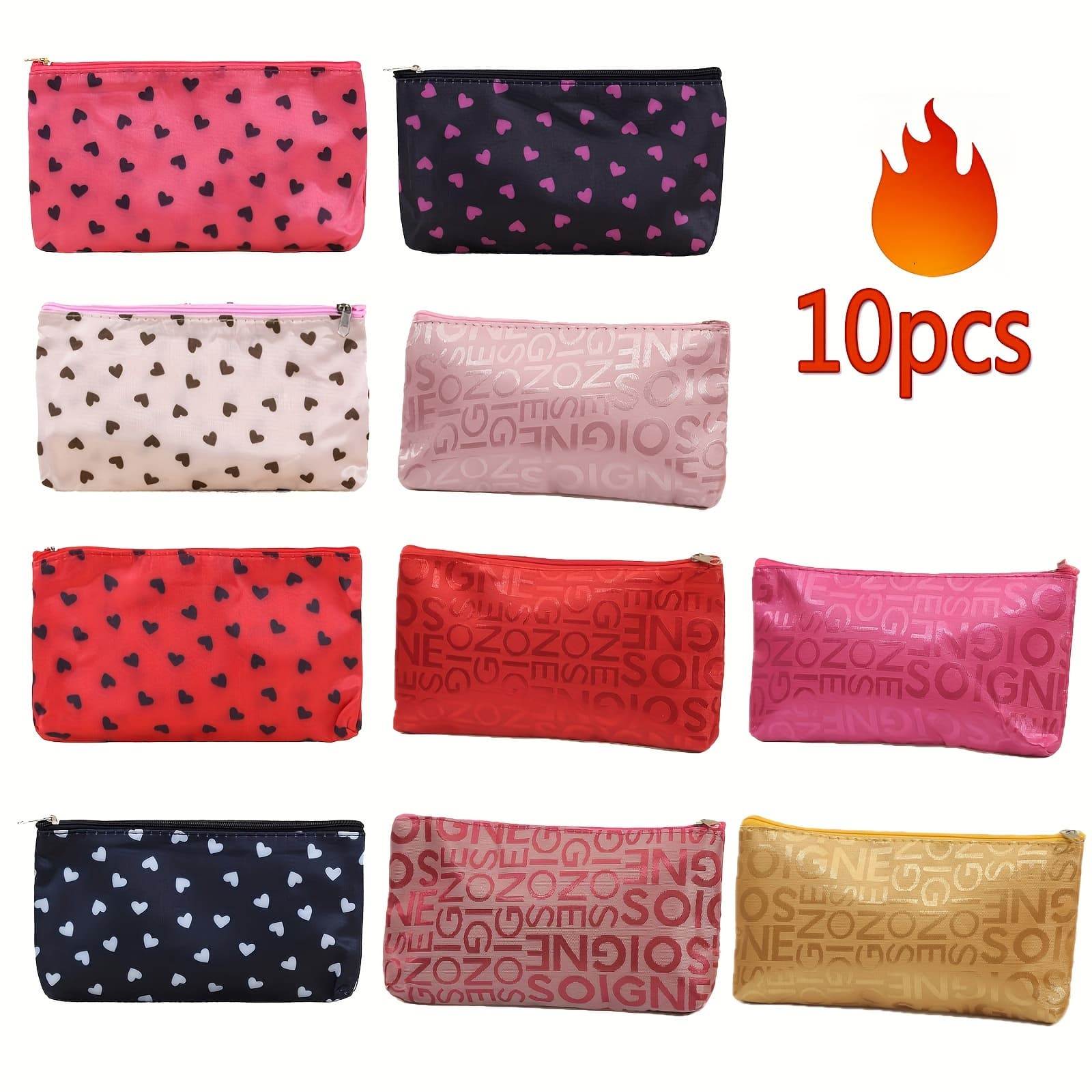 TEMU 10pcs Makeup Bag Portable Cosmetic Organizer Travel Storage Pouch Lipstick Eyebrow Bag With Letter Heart Pattern, Gift For