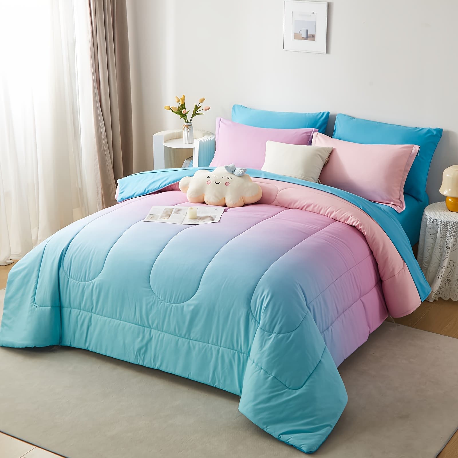 TEMU 5/7pcs Rainbow Comforter Sets - Stain-resistant, Hypoallergenic, And Lightweight Bedding For All - Twin/full/queen/king Size Bed In A Bag With 100% Polyester Filling
