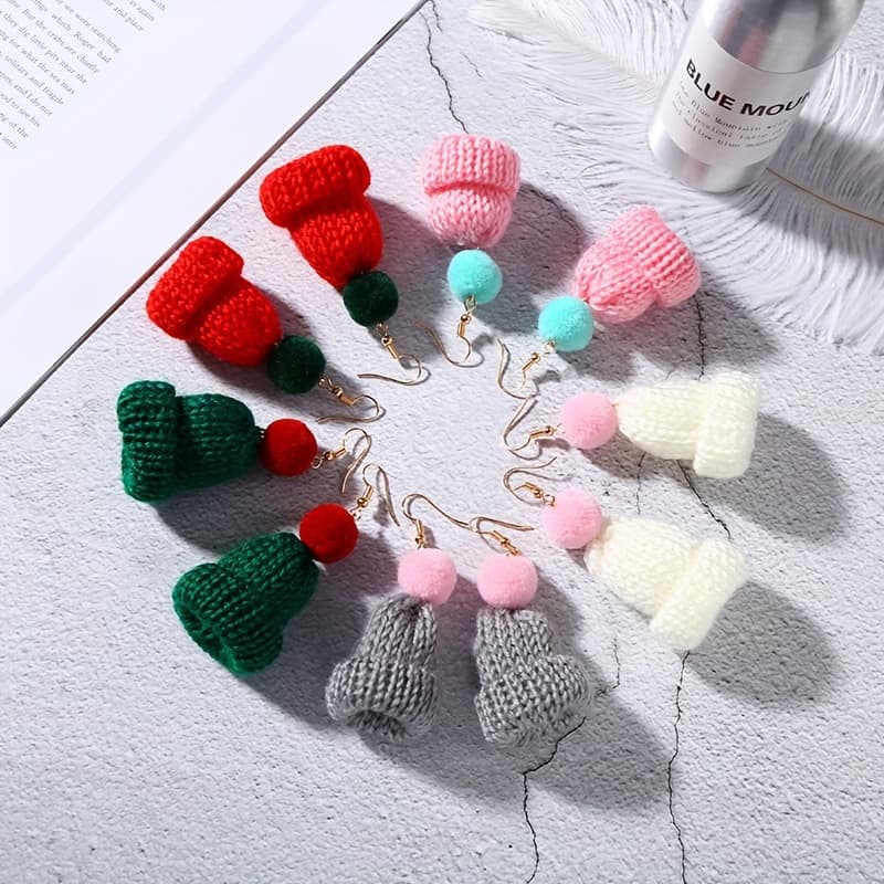 TEMU 5 Pairs Cute Autumn&winter Christmas Simulation Creative Knitted Hat Earrings, All Fashion Jewelry For Holiday Parties And Gifts