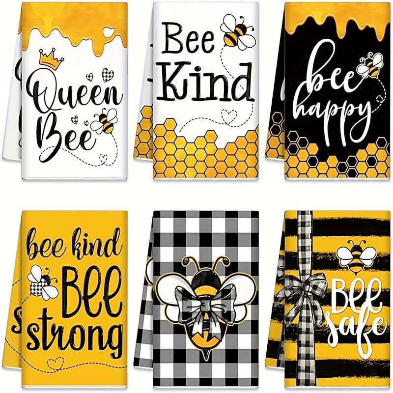 TEMU Set Of 6 Adorable Bee-themed Tea Towels Measuring 16x24 Inches, Made From Microfiber, Machine Washable, Ideal For Cooking And Cleaning Or Bathroom, A Must-have For Home Decor