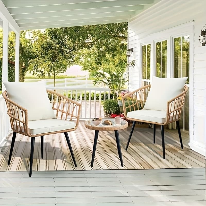 TEMU Three-piece Bistro Furniture Set, Wicker Collection For Outdoor Spaces Like , Backyards, Pools, , And Decks, Includes Rattan Conversation Table And Cushions In Tan-beige