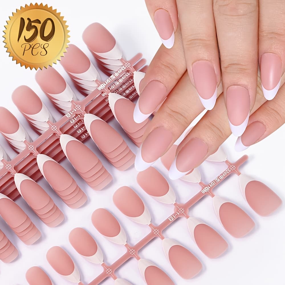 TEMU 150pcs Frosted Medium Length Almond Shape Press On Nails - Glossy End Full Covered French Style Fake Nail Kit For Manicure, Durable Artificial Nails Additions, Decorations