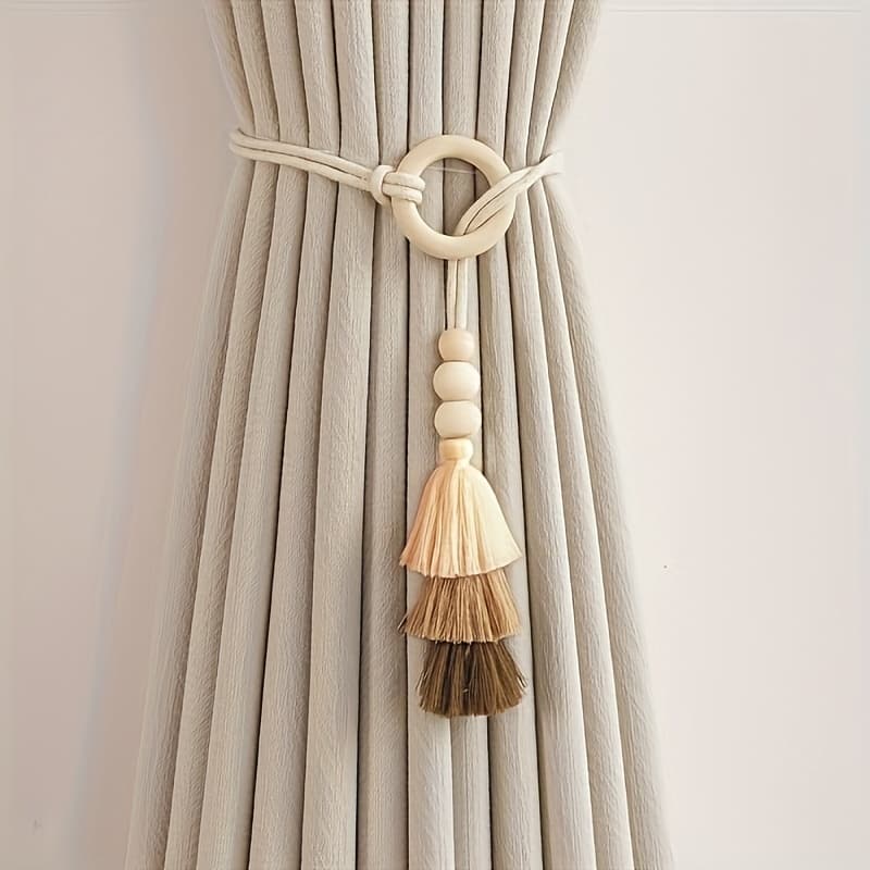 TEMU 1 Bohemian Style Adjustable Tassel Curtain Tieback, Handmade Wooden Bead Cord For Living Room And Bedroom Office Windows - No Drill Home Decor Accessory