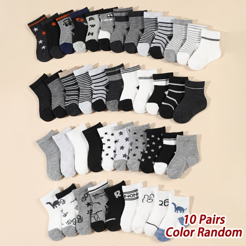TEMU 10 Pairs Of Baby Socks Featuring Random Cartoon Designs With Stars And Stripes, Cute Patterns For Infant Boys In Mid-calf Length