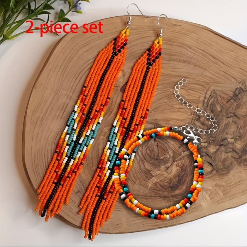 TEMU Set Of Orange Long Fringe Earrings And Necklace | Gothic Seed Bead Drop, Perfect For Halloween And Christmas Festivals, Free Shipping