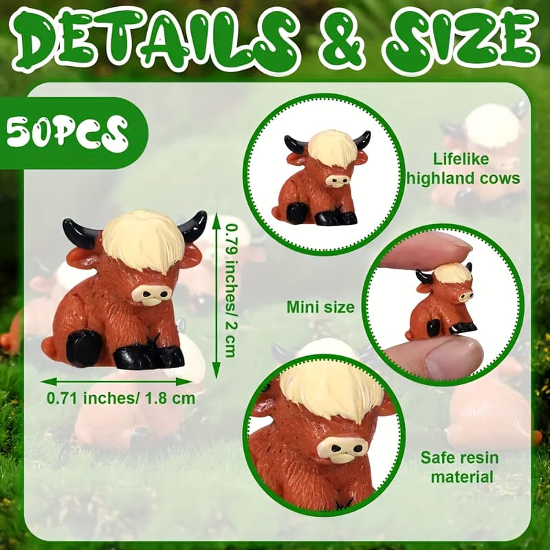 TEMU Set Of 50 Miniature Highland Cow Figurines, Highland Cow Ornaments, Handcrafted Resin Cow Decor For Home, Bathroom, Kitchen, Garden, And Office Desk ()