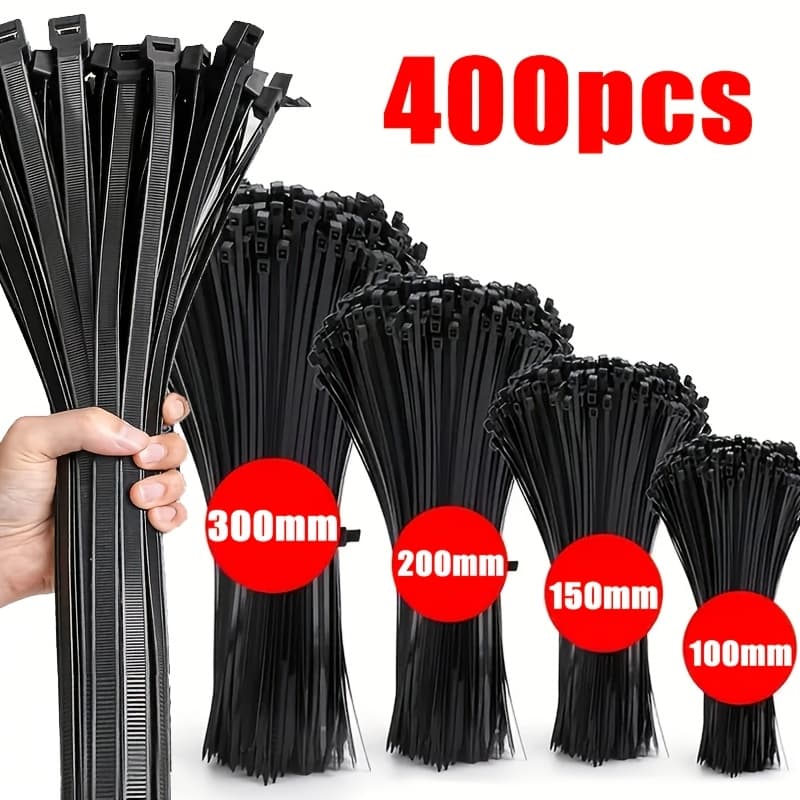 TEMU 400pcs Black Self-locking Nylon Cable Ties Bundle (4in/6in/8in/12in) Tensile Strength 40lbs Self-locking Premium Nylon Cable Ties Indoor Outdoor Use