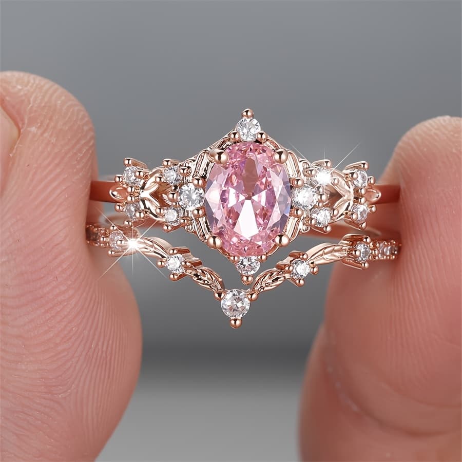 TEMU 2pcs/set Elegant Oval Pink Synthetic Zirconia Rose Golden Plated Women's Set Ring, Suitable For Valentine's Day Holiday Wear, Shiny, Durable Accessories