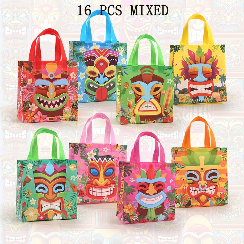 TEMU 16pcs Hawaiian Party Favor Bags - Vibrant Mask & , Fabric Gift Bags For Beach Parties, Birthdays & , Hawaiian Party Decorations