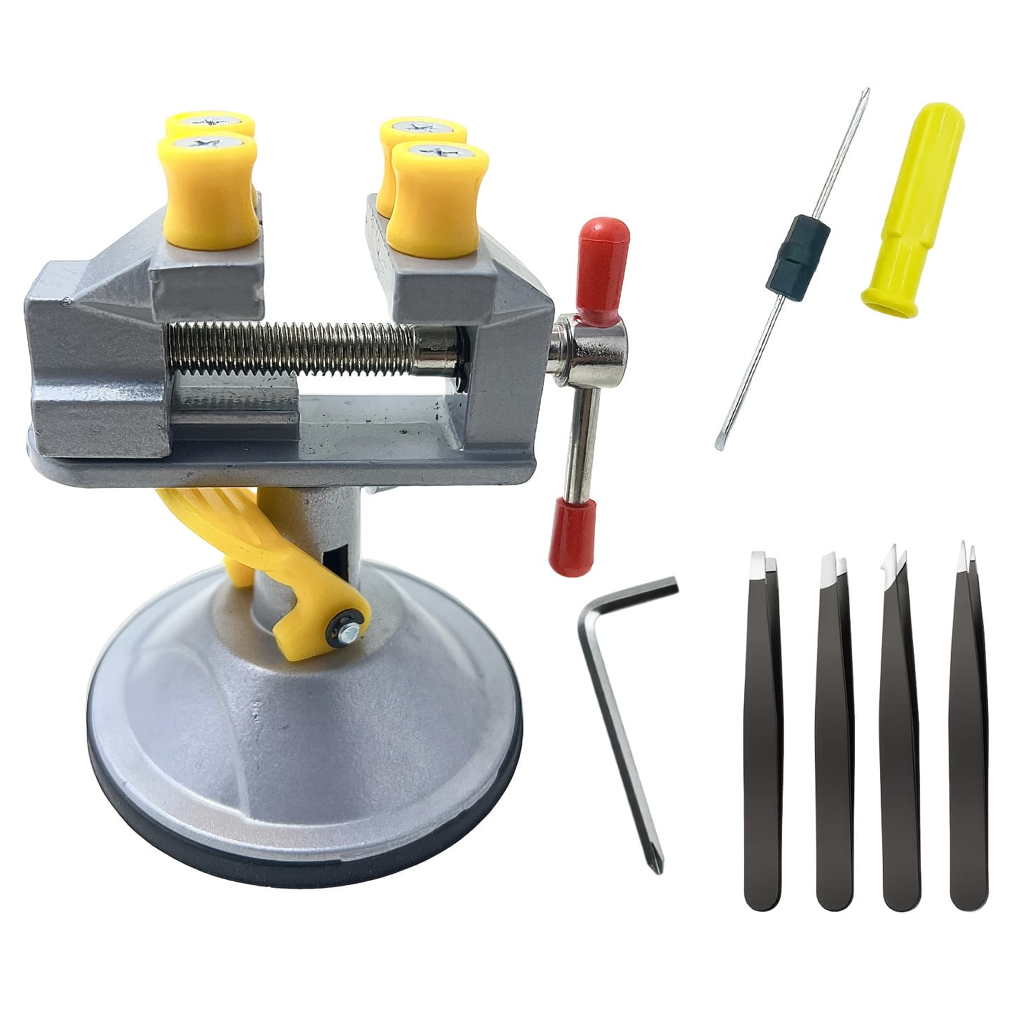 TEMU Small Table Vise With Suction Base, 360° Rotating Hobby Vise Kit With Precision Screwdriver & 4 Tweezers, Mini Bench Vise For Crafts, Electronics Repair, Jewelry Making & Pcb Holder