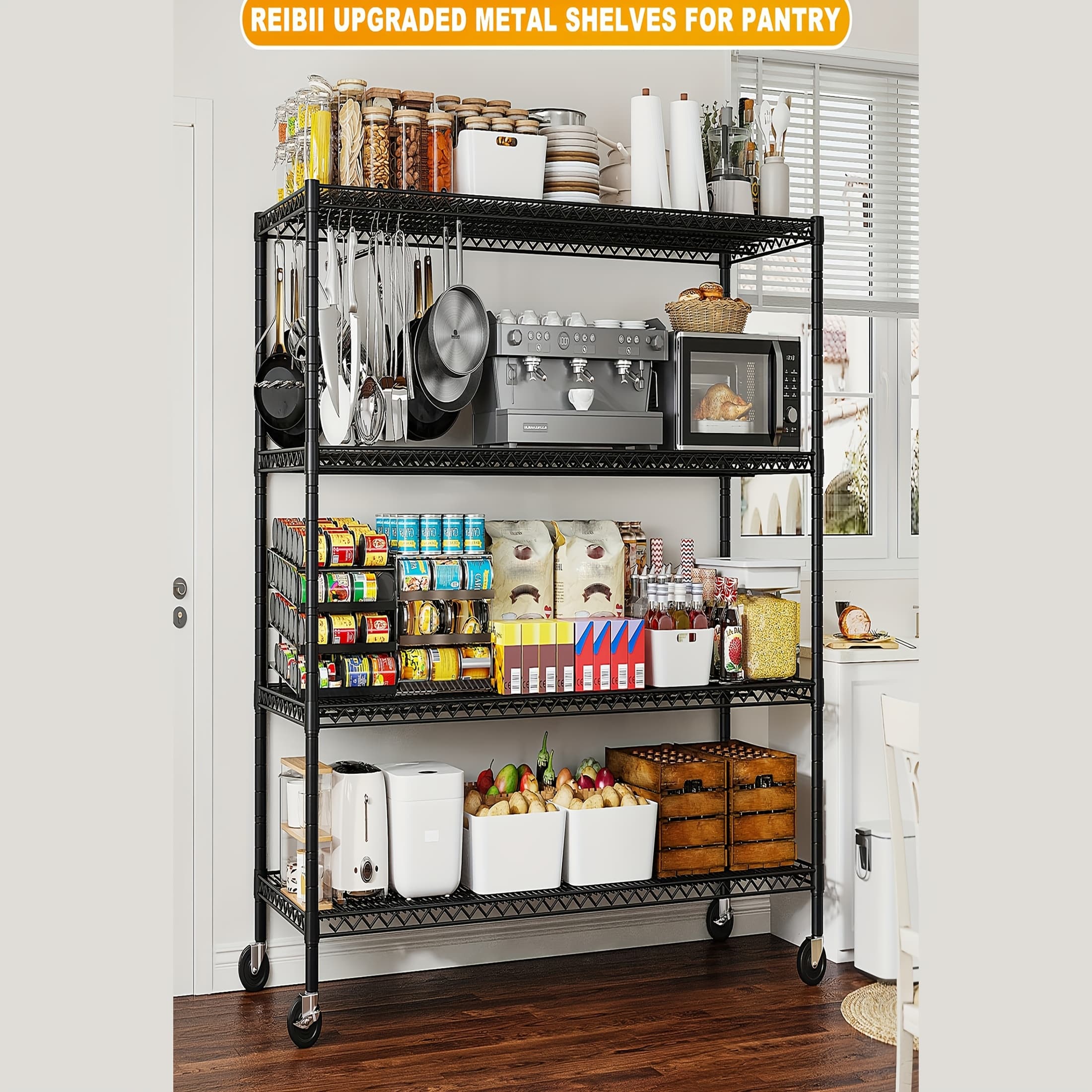 TEMU Reibii 55.5'' Shelves 2500lbs Wire Shelving Unit With Wheels Heavy Duty Metal Shelves For Storage Adjustable Garage Storage Rack Pantry Shelf Kitchen Shelving, 75.6" H X 55.5''w X 24" D