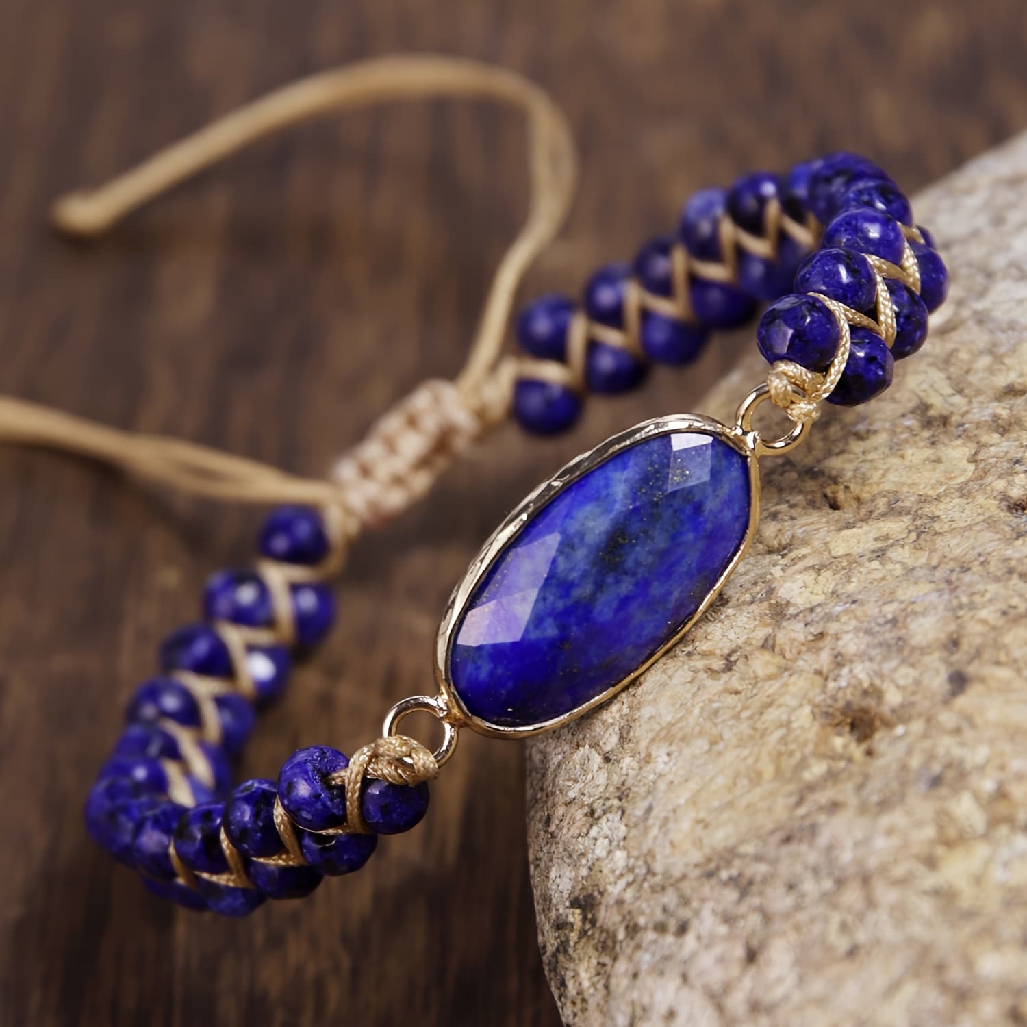 TEMU Bohemian Lapis Bracelet Made Stone, Featuring A Handmade Adjustable Design. This Women's Braided Bracelet Includes An Oval Pendant And A Brown Braided Cord
