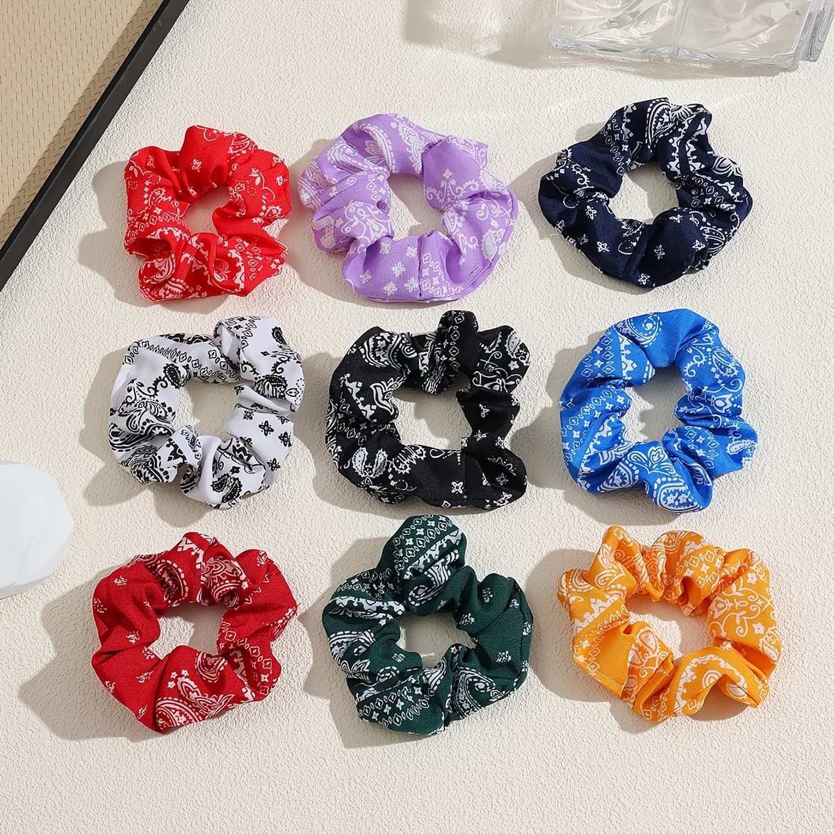 TEMU 9pcs Set Of Elegant Fabric Printed Hair Ties For Women, Stylish For Updos And Ponytails, Hair Additions