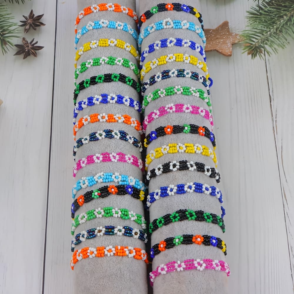TEMU 20pcs/bohemian Colorful Flower Rice Beads Men's And Women's Trendy Bracelet Gifts Jewelry Additions Style Random Opp Bag Packaging